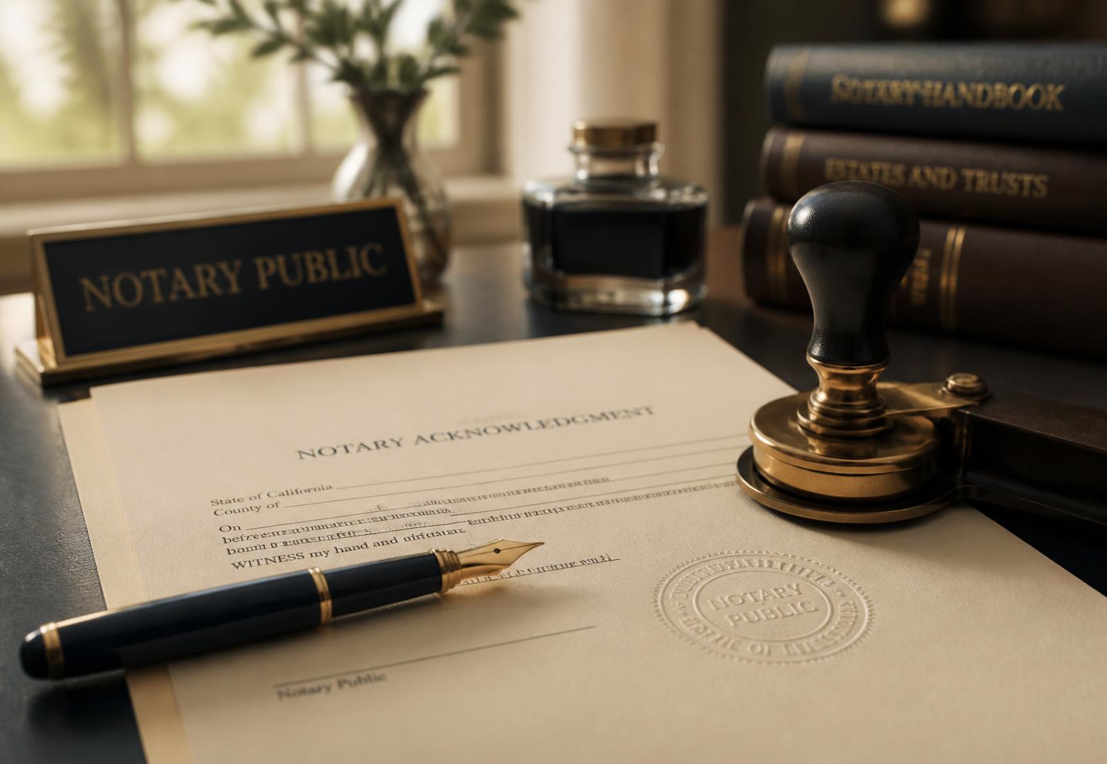 Notary seal, fountain pen and legal documents on a desk